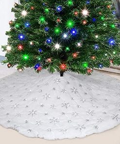 party club White Fur Christmas Tree Skirt 48 inches with Sparkly Silver Snowflake Sequin, Luxury Faux Fur Holiday Christmas Decorations Xmas Party Decor