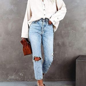 Women's Corduroy Button Down Pocket Shirts Casual Long Sleeve Oversized Blouses Tops