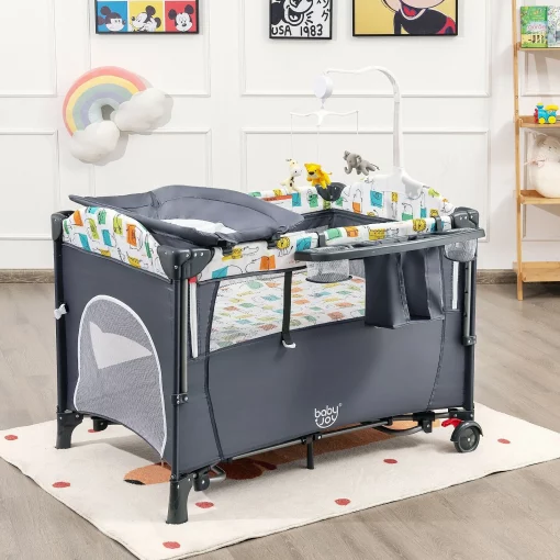 5 in 1 Baby Nursery Center Foldable Toddler Bedside Crib with Music Box