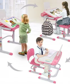 Kids Functional Desk and Chair Set, Height Adjustable Children School Study Desk with Tilt Desktop, Bookstand, Metal Hook and Storage Drawer for Boys Girls