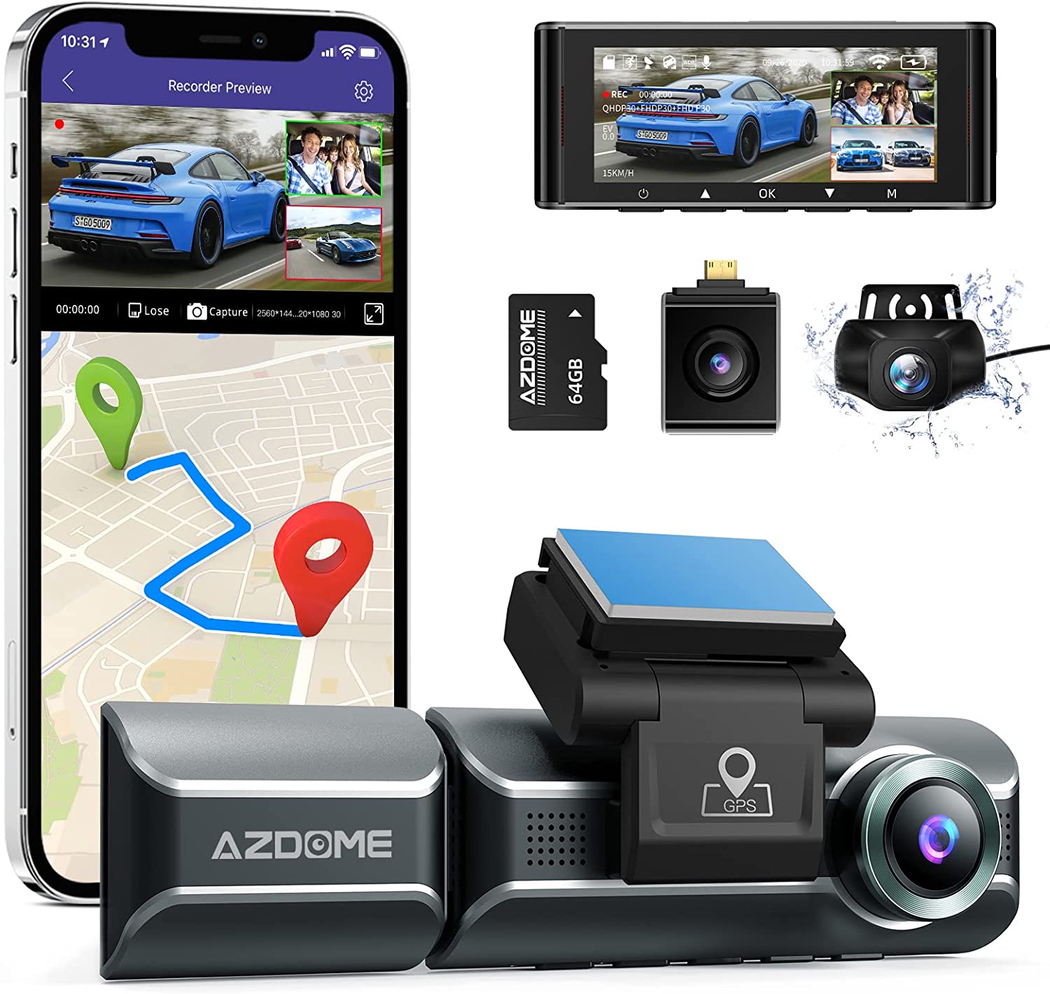 3 Channel AZDOME Dash Cam with 64GB Card, WiFi GPS, Front Inside Rear Car  Dashboard camera